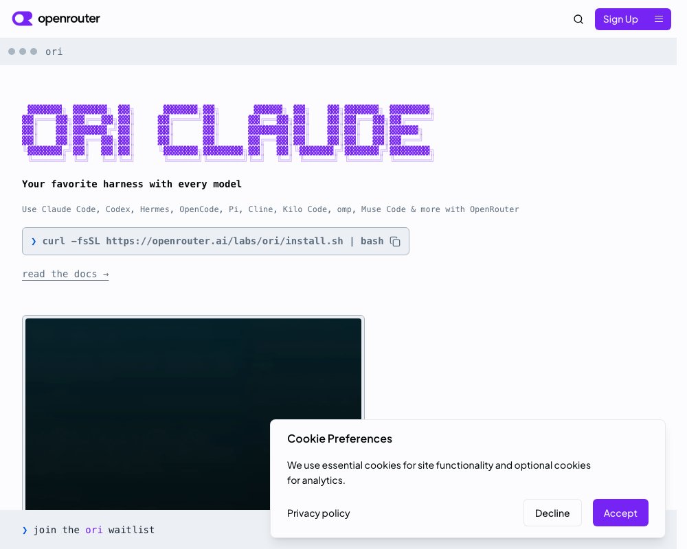 Ori Harness: запуск Claude Code, Codex и других агентов через OpenRouter одной командой