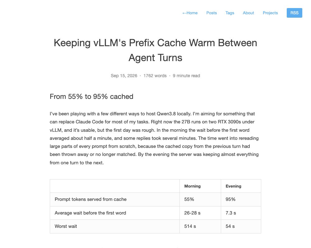 Горячий prefix-кэш vLLM между ходами агента: с 55% до 95% попаданий