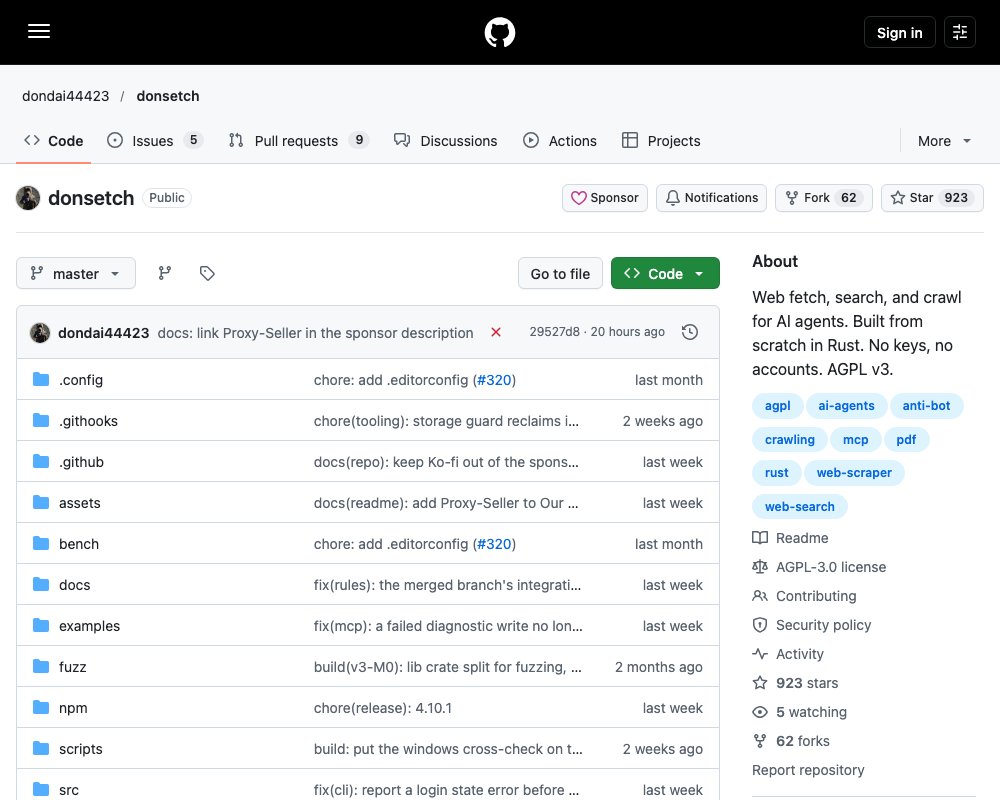 DonSeTch — веб-инструменты для AI-агентов: загрузка страниц, поиск и краулинг без API-ключей