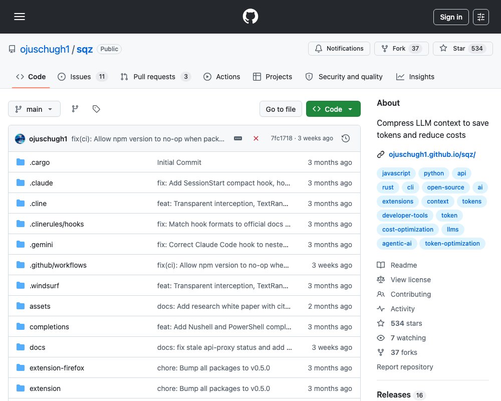 sqz — сжатие контекста LLM для экономии токенов