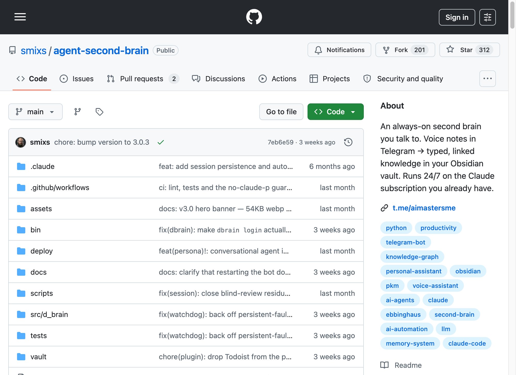 Agent Second Brain — голосовой ассистент в Telegram, который ведёт ваш Obsidian