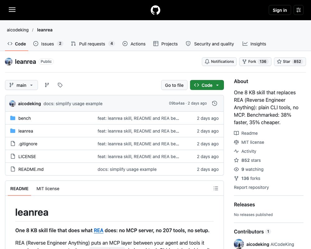 leanrea — реверс-инжиниринг через один файл SKILL.md без MCP-сервера