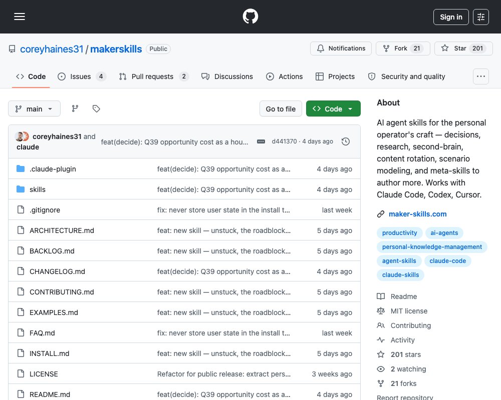 MakerSkills — 19 AI-навыков для основателей и операторов: решения, исследования, контент и CFO