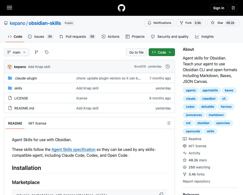 Obsidian Skills — официальный набор Agent Skills: научите Claude Code, Codex и OpenCode работать с Obsidian