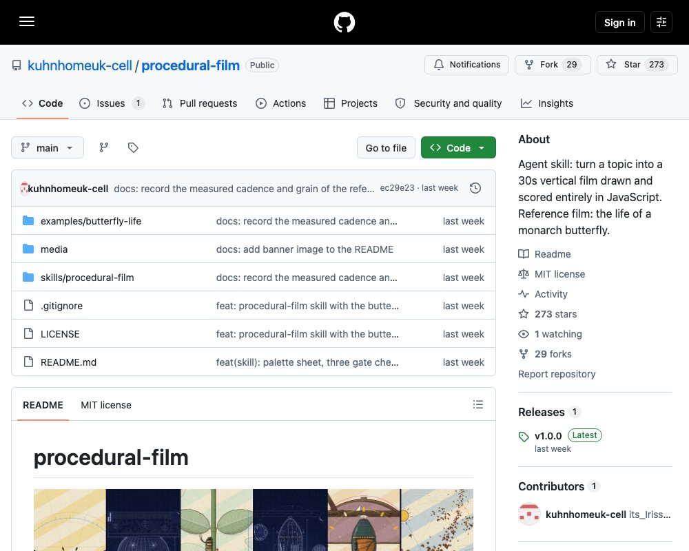 procedural-film — агентный скилл для 30-секундных фильмов на чистом JavaScript