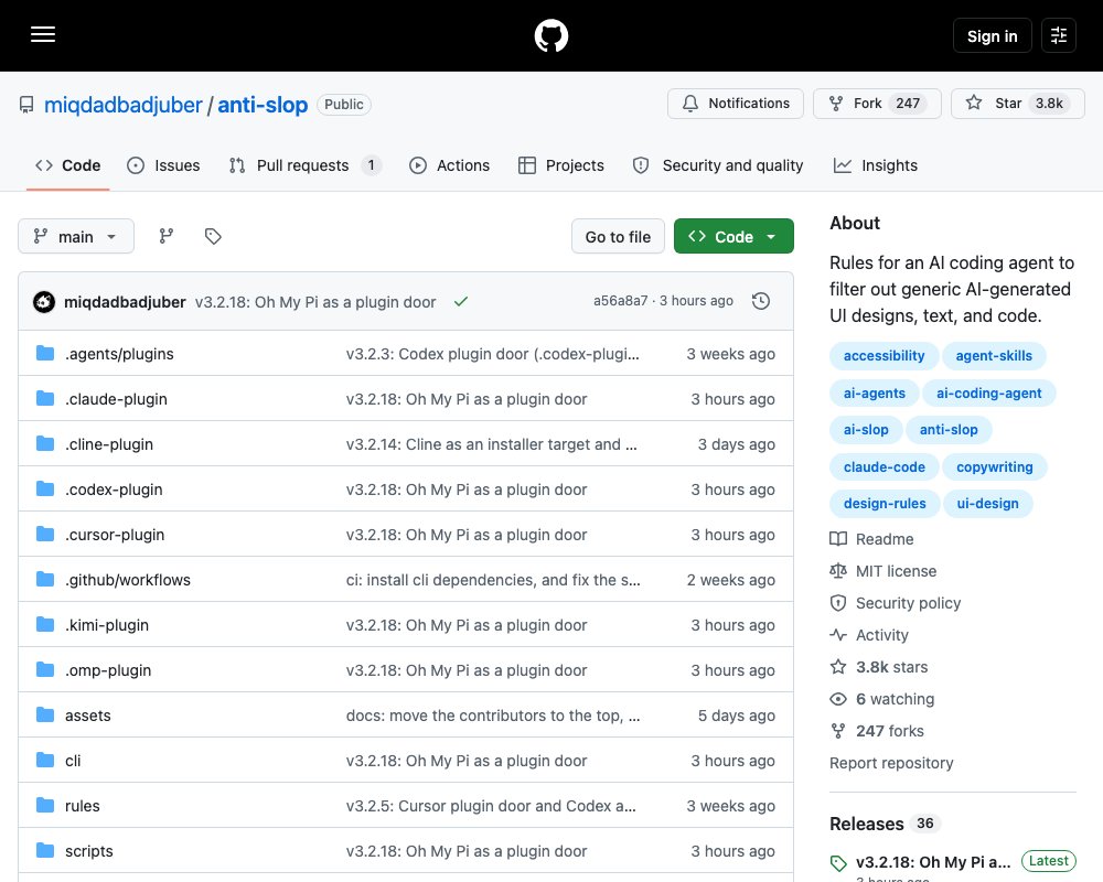 antislop — фильтр, который убирает «ИИ-шлам» из интерфейсов, текста и кода