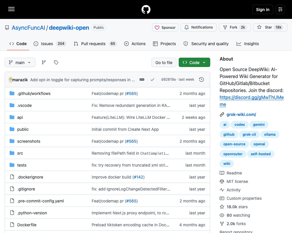 DeepWiki-Open — открытая альтернатива DeepWiki: вики-документация по репозиторию с диаграммами и RAG-чатом