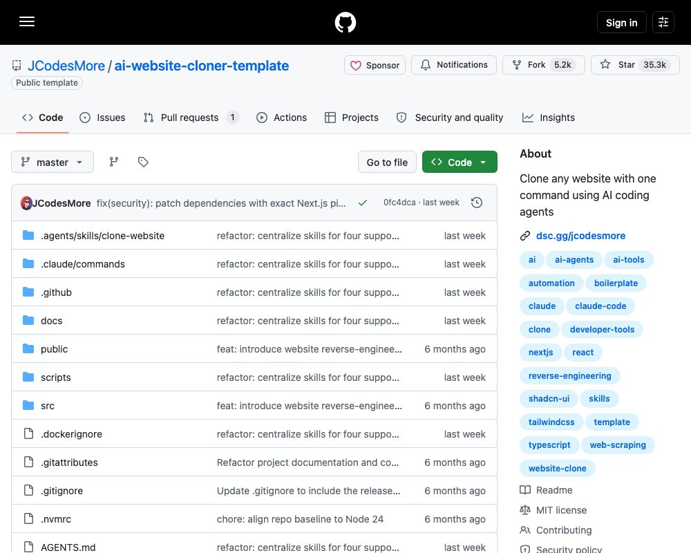 AI Website Cloner Template: пересобрать любой сайт в чистом Next.js одной командой