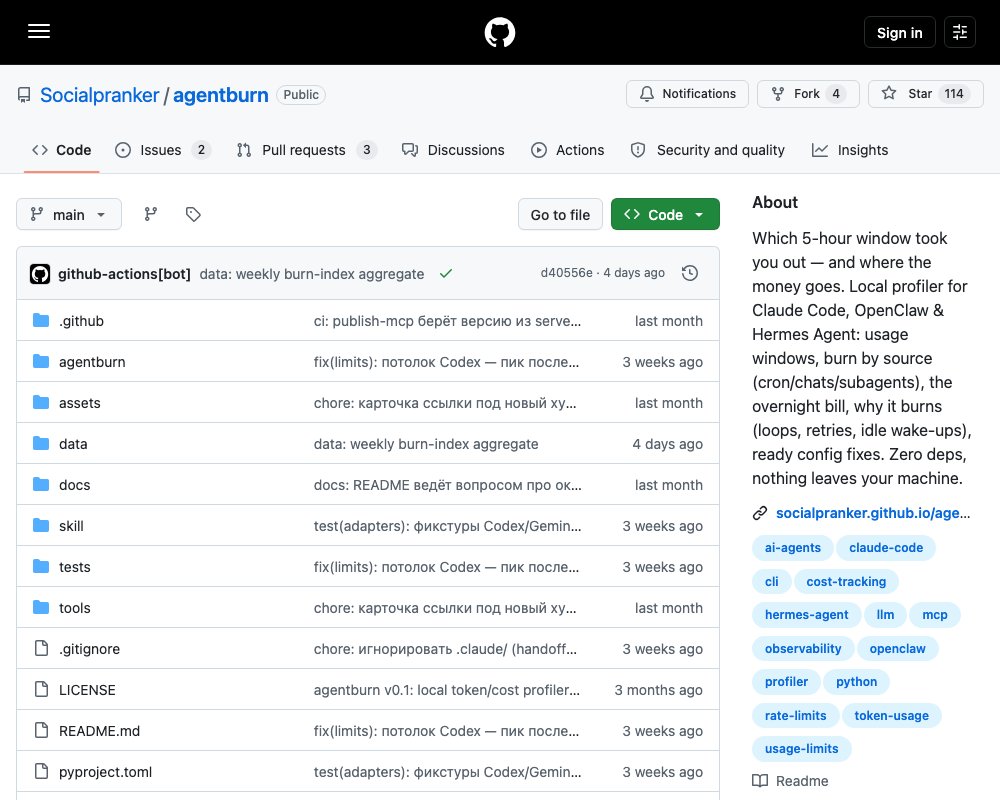 agentburn — локальный профайлер расхода токенов AI-агентов