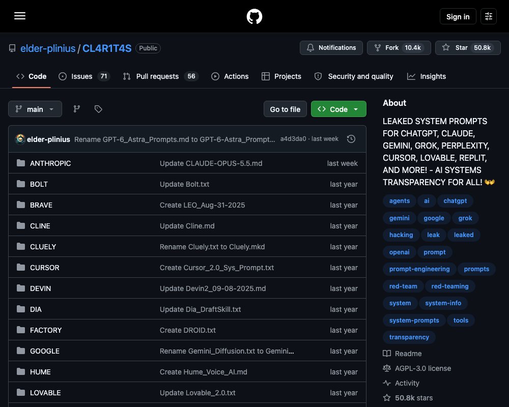 CL4R1T4S — слитые системные промпты ChatGPT, Claude, Gemini и десятков других AI-систем