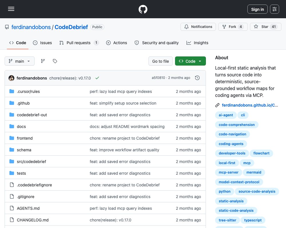 CodeDebrief — детерминированные workflow-карты кода для агентов