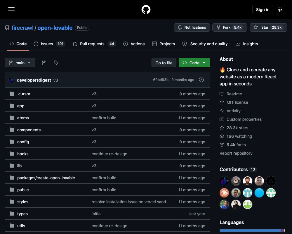 Open Lovable — открытый аналог Lovable от Firecrawl: клонируем любой сайт и собираем React-приложения через чат с AI