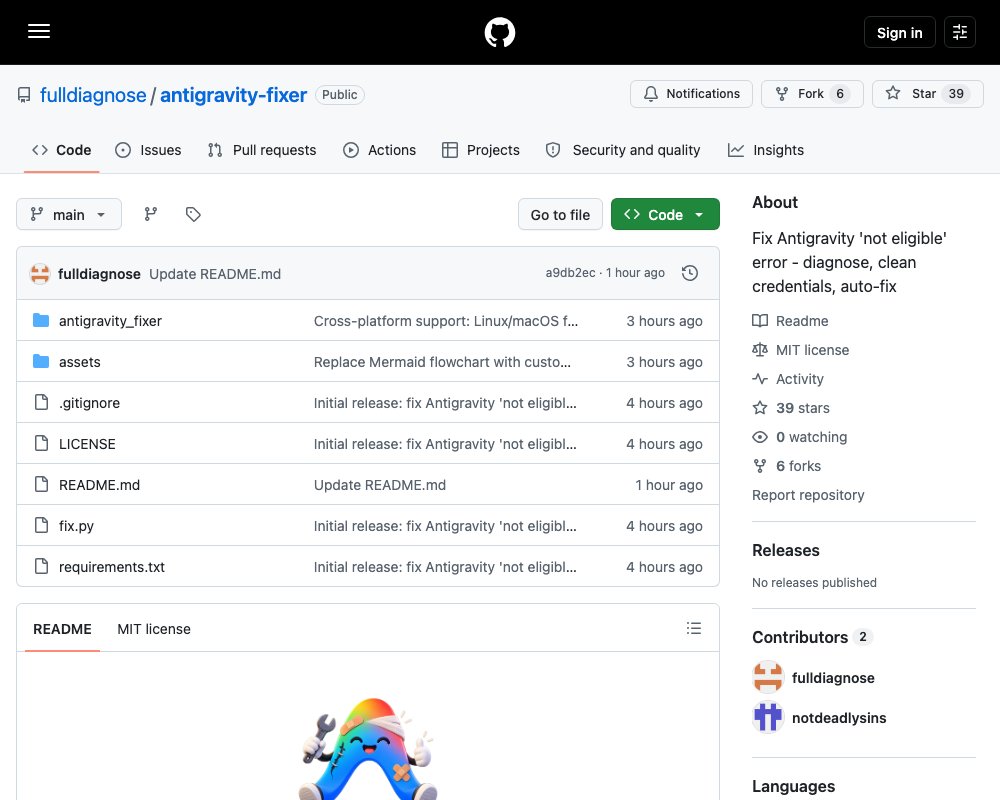 Antigravity Fixer — диагностика и починка ошибок «not eligible» в Google Antigravity