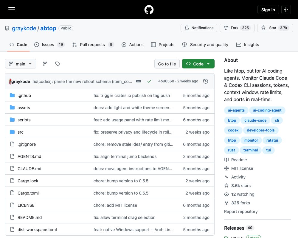 abtop — btop для ИИ-агентов: мониторинг сессий Claude Code, Codex и OpenCode