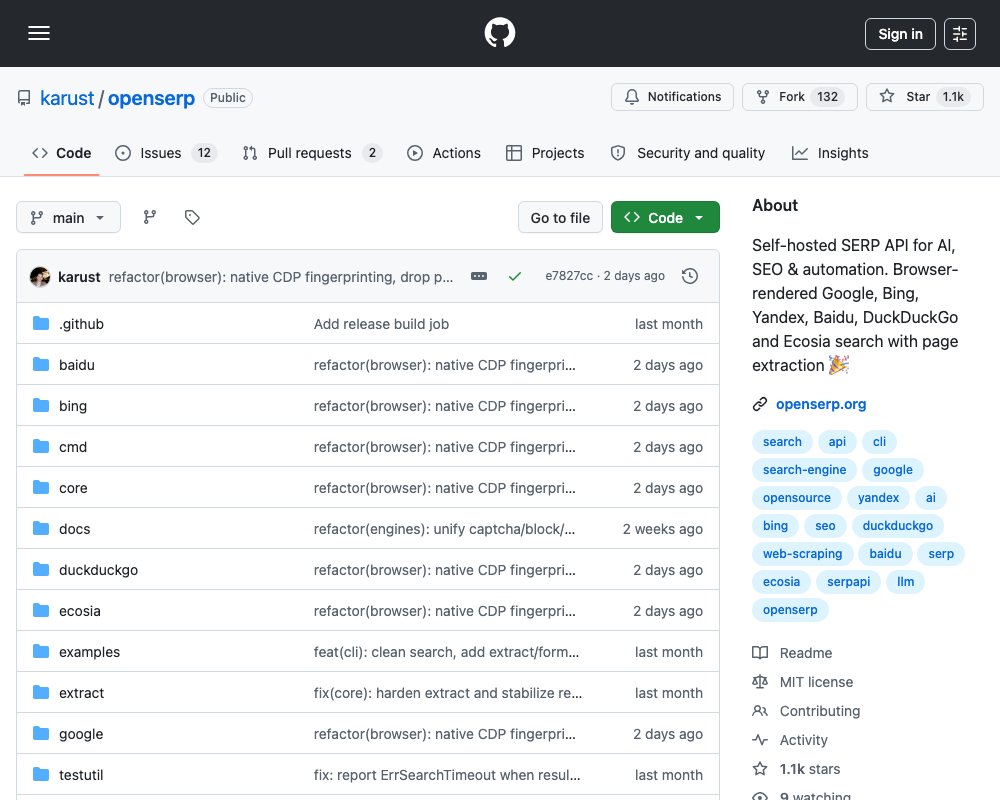 OpenSERP — self-hosted SERP API для AI, SEO и автоматизации