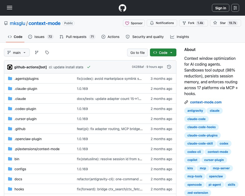 context-mode — экономия контекста и непрерывность сессий для ИИ-агентов