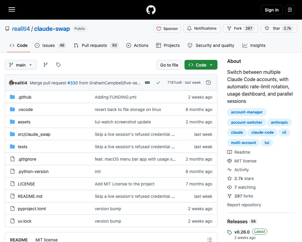 claude-swap — Переключатель аккаунтов Claude Code