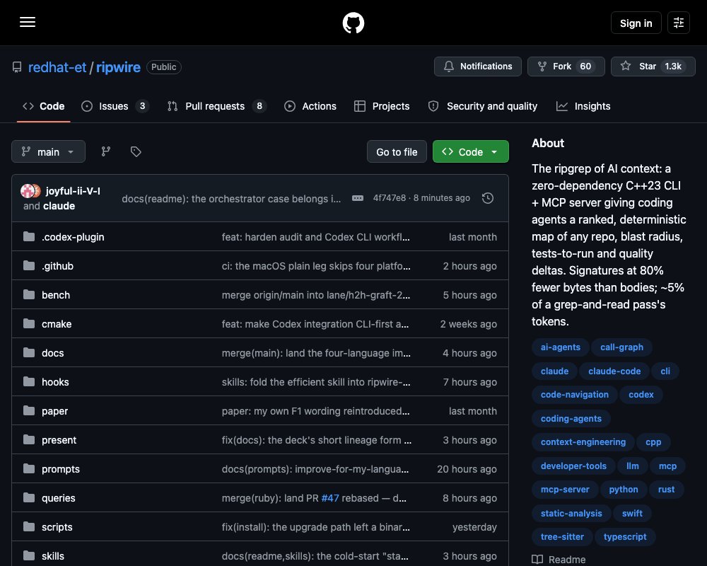 ripwire — «ripgrep для AI-контекста»: карта репозитория вместо grep-и-читай