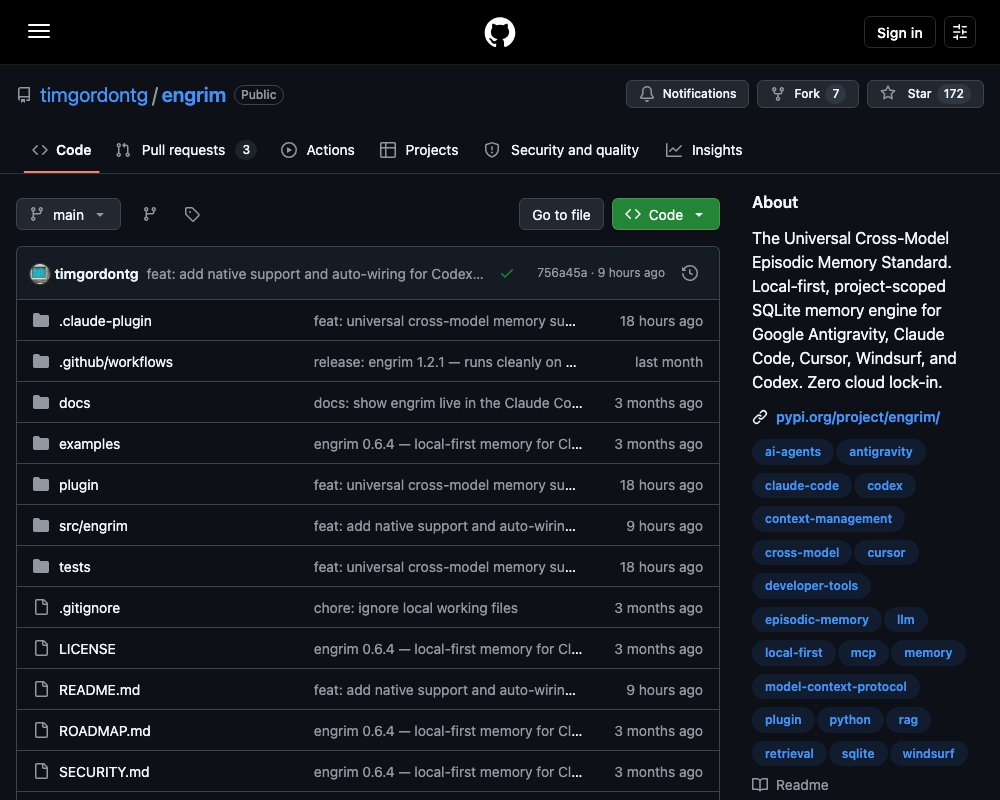 Engrim — локальная эпизодическая память для AI-агентов, общая между Antigravity, Claude Code, Cursor и Codex